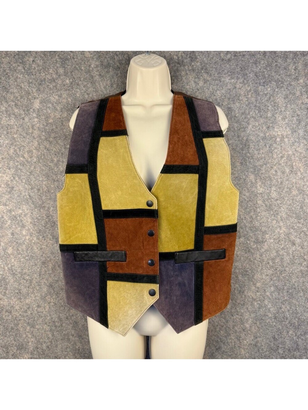 Suede Patchwork Vest Mondrian Art Style Colorblock Western Vintage Size Med 221